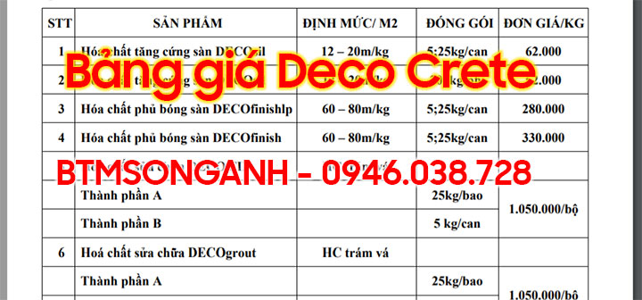 Báo giá hóa chất Deco Crete